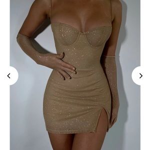 Gold Sparkle Mini Dress With Matching Gloves. SAME DAY SHIPPING